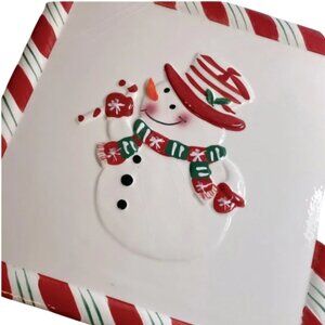 Vintage Ceramic Snowman Christmas Cookie Plate with Peppermint Candy Cane Trim